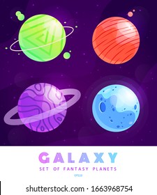 Vector set of cartoon planets. Colorful set of isolated objects. Space background. Fantasy planets. Colorful universe. Game design. Fantasy space planets for ui galaxy game. EPS 10.