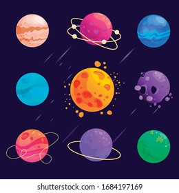 Vector set of cartoon planets. Colorful set of isolated objects. Space background. Fantasy planets.