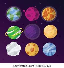 Vector set of cartoon planets. Colorful set of isolated objects. Space background. Fantasy planets.