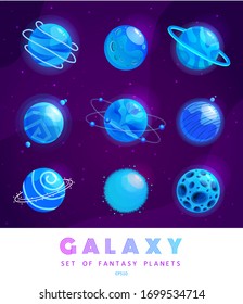 Vector set of cartoon planets. Colorful set of isolated objects. Space background. Colorful universe. Game design. Fantasy space planets for ui galaxy game. EPS 10.