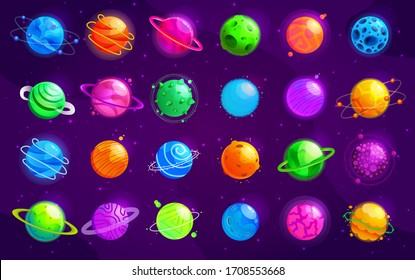 Vector set of cartoon planets. Colorful set of isolated objects. Space background. Colorful universe. Game design. Fantasy space planets for ui galaxy game. EPS 10.