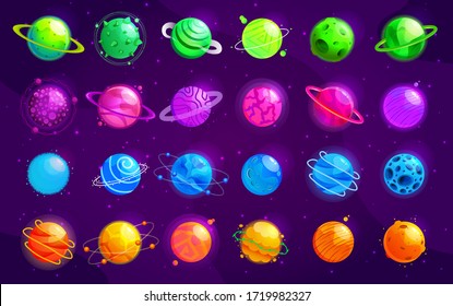 Vector set of cartoon planets. Colorful isolated objects. Colorful universe. Fantasy space planets for ui galaxy game design. EPS 10.