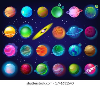 Vector set of cartoon planets. Colorful set of isolated objects. Space background. Fantasy planets. 