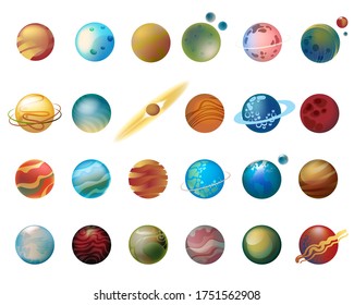 Vector set of cartoon planets. Colorful set of isolated objects. Space background. Fantasy planets. 