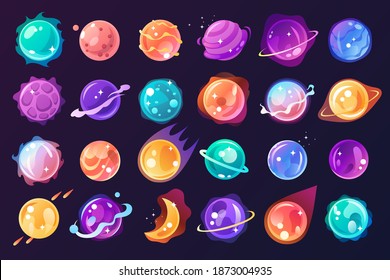 Vector set of cartoon planets. Colorful set of isolated objects. Space background. Templates for stickers, game elements, cartoon design. Fantasy planets. EPS 10