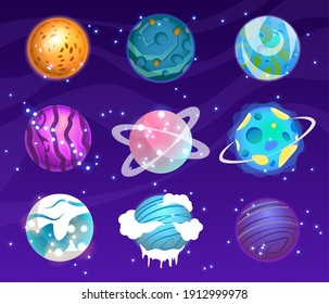 Vector set of cartoon planets. Colorful set of isolated objects. Astronomical observatory small planet pluto, venus mercury neptune uranus meteor crater and star universe astronaut sign.