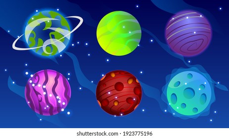 Vektorset von Cartoon-Planeten. Farbige Reihe von isolierten Objekten. Farbpack für Weltraumkörper auf violettem Hintergrund. Astronomie,