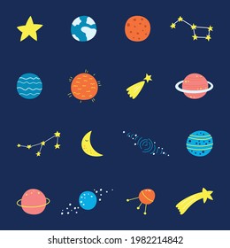Vector set of cartoon planets. Colorful set of isolated objects. Space background. Fantasy planets. EPS 10.