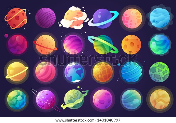 Vector set of cartoon\
planets. Colorful set of isolated objects. Space background.\
Fantasy planets. EPS 10