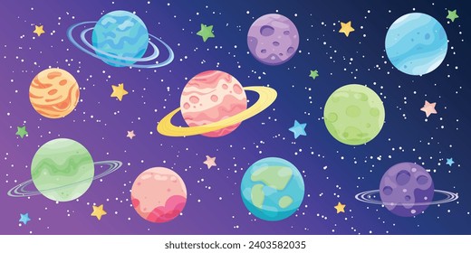 Vector set of cartoon planets. Fantasy abstract space objects vector illustration collection. Planetarium, Cosmonautics Day, Astronomy Day