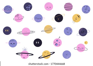 Vector set of cartoon planets. Funny children's illustrations on the space theme. Different planets with faces. Vector illustration