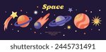 Vector set of cartoon planets. Space, fantasy planets. Cosmos, galexy objects, astronaut, stars.  Vector illustration isolated on background