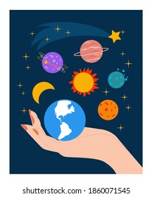Vector set of cartoon planets. Space background. Fantasy planets, earth on the hand. Flat vector illustration, isolated objects.