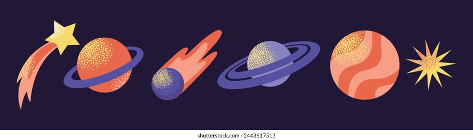 Vector set of cartoon planets. Space, fantasy planets. Cosmos, galexy objects, astronaut, stars.  Vector illustration isolated on background