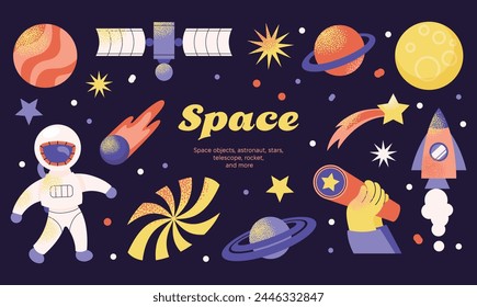 Vector set of cartoon planets. Space, fantasy planets. Cosmos, galexy objects, astronaut, stars.  Vector illustration isolated on background