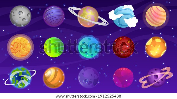 Vector set of cartoon\
planets. Space background. Fantasy planets. Colorful universe. Game\
design. EPS 10