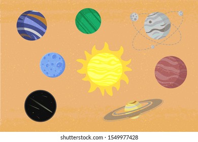 Vector set of cartoon planets, sun, shooting stars icon, planet with satellite, planet with an asteroid belt, a moon. Collection of flat icons of a space objects for printing, web-design
