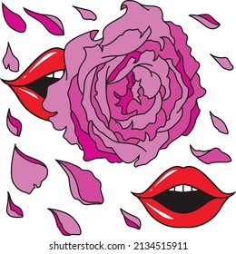 Vector ambientado al estilo de arte pop de dibujos animados. Los labios femeninos brillantes rojos, rosa rosado morado, pétalos florales voladores. Aislado sobre elementos blancos para tarjeta de diseño, afiche, invitación, pegatina, impresión.