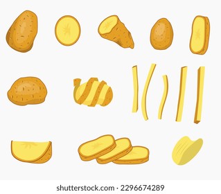 Vector Set of Cartoon Potatoes: Raw Sliced Potatoes, French Fries, and Chips. Illustration of Peeled and Chopped Potato Vegetable Products. Ripe and Delicious Potatoes for Food and Vegetable Cartoon