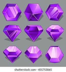 Vector set of cartoon purple gems in different perspective. 