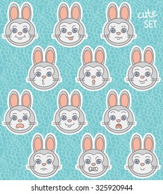 Vector set of cartoon rabbits. Head, face, emotions. Funny animals. Cute bunny.