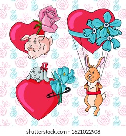 Vector set with cartoon rabbits, hearts and flowers