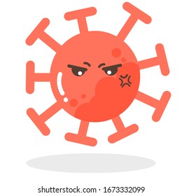 Conjunto vectorial de emoticonos rojos de caricatura cara covid-19, cara enojada emoji del virus de la corona, personajes de caricatura del virus Corona - polvo flotando aislado en fondo blanco 