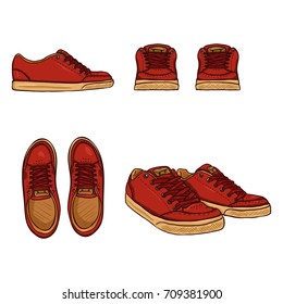 Vector Set of Cartoon Red Skaters Shoes. Top, Side and Front Views