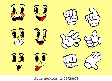 Vector set with cartoon retro mascot mascot monochrome illustrations of walking street food. Vintage style 30s, 40s, 50s Old 1920 to 1950 cartoon style