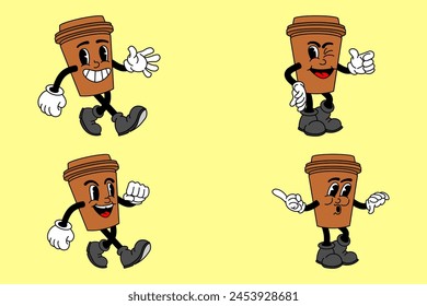 Vector set with cartoon retro mascot mascot monochrome illustrations of walking street food. Vintage style 30s, 40s, 50s Old 1920 to 1950 cartoon style