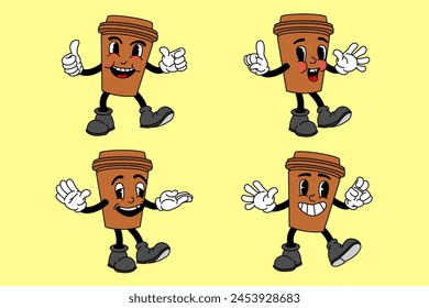 Vector set with cartoon retro mascot mascot monochrome illustrations of walking street food. Vintage style 30s, 40s, 50s Old 1920 to 1950 cartoon style