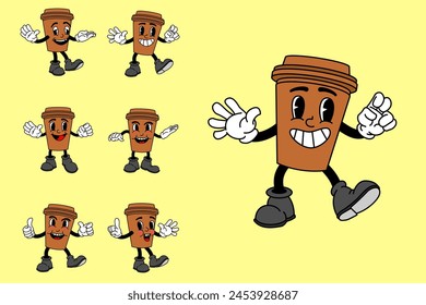 Vector set with cartoon retro mascot mascot monochrome illustrations of walking street food. Vintage style 30s, 40s, 50s Old 1920 to 1950 cartoon style