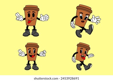 Vector set with cartoon retro mascot mascot monochrome illustrations of walking street food. Vintage style 30s, 40s, 50s Old 1920 to 1950 cartoon style