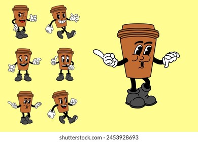 Vector set with cartoon retro mascot mascot monochrome illustrations of walking street food. Vintage style 30s, 40s, 50s Old 1920 to 1950 cartoon style