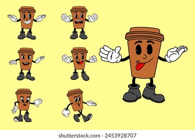 Vector set with cartoon retro mascot mascot monochrome illustrations of walking street food. Vintage style 30s, 40s, 50s Old 1920 to 1950 cartoon style