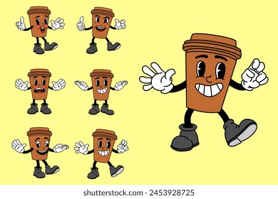 Vector set with cartoon retro mascot mascot monochrome illustrations of walking street food. Vintage style 30s, 40s, 50s Old 1920 to 1950 cartoon style