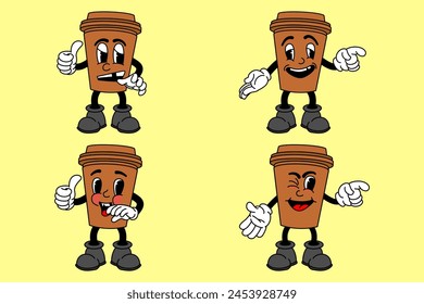 Vector set with cartoon retro mascot mascot monochrome illustrations of walking street food. Vintage style 30s, 40s, 50s Old 1920 to 1950 cartoon style
