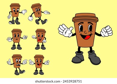 Vector set with cartoon retro mascot mascot monochrome illustrations of walking street food. Vintage style 30s, 40s, 50s Old 1920 to 1950 cartoon style