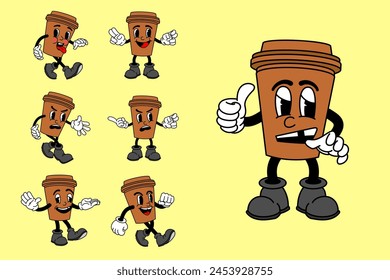 Vector set with cartoon retro mascot mascot monochrome illustrations of walking street food. Vintage style 30s, 40s, 50s Old 1920 to 1950 cartoon style