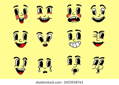Vector set with cartoon retro mascot mascot monochrome illustrations of walking street food. Vintage style 30s, 40s, 50s Old 1920 to 1950 cartoon style
