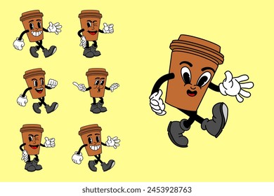 Vector set with cartoon retro mascot mascot monochrome illustrations of walking street food. Vintage style 30s, 40s, 50s Old 1920 to 1950 cartoon style