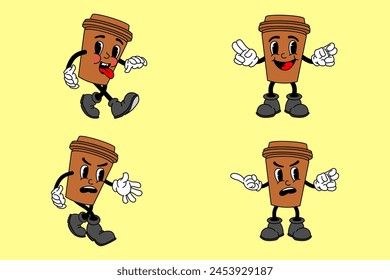 Vector set with cartoon retro mascot mascot monochrome illustrations of walking street food. Vintage style 30s, 40s, 50s Old 1920 to 1950 cartoon style