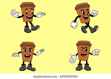 Vector set with cartoon retro mascot mascot monochrome illustrations of walking street food. Vintage style 30s, 40s, 50s Old 1920 to 1950 cartoon style