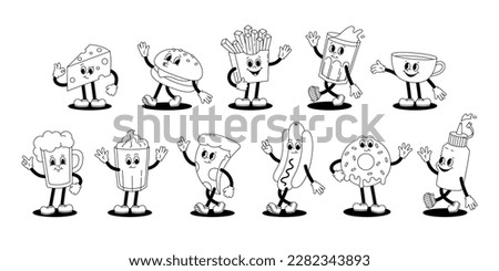 Vector set with cartoon retro mascot monochrome illustrations of walking street food. Vintage style 30s, 40s, 50s old animation. Stickers isolated on white background.