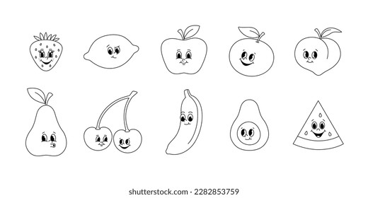 Vector set of cartoon retro mascots monochrome illustrations of fruits and berries. Vintage style 30s, 40s, 50s old animation. The clipart is isolated on a white background.