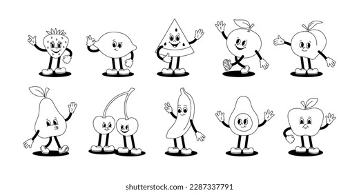 Vector set of cartoon retro mascots monochrome illustrations of walking fruits and berries. Vintage style 30s, 40s, 50s old animation. The clipart is isolated on a white background.