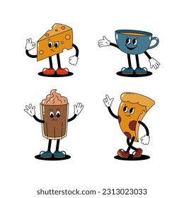 Vector set with cartoon retro mascots colored illustrations of walking street food. Vintage style 30s, 40s, 50s old animation. Stickers isolated on white background.