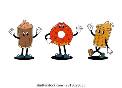 Vector set with cartoon retro mascots colored illustrations of walking glasses and donut. Vintage style 30s, 40s, 50s old animation. Stickers isolated on white background.