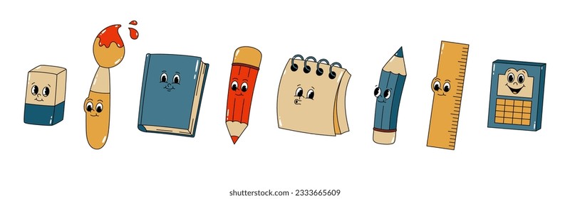 Vector set of cartoon retro mascots colored illustrations of stationery - pencil, book, notebook and brush. Vintage style 30s, 40s, 50s old animation. The clipart is isolated on a white background.