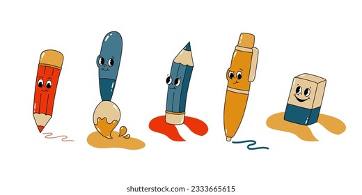 Vector set of cartoon retro mascots colored illustrations of stationery - pen, pencil, brush and eraser. Vintage style 30s, 40s, 50s old animation. The clipart is isolated on a white background.